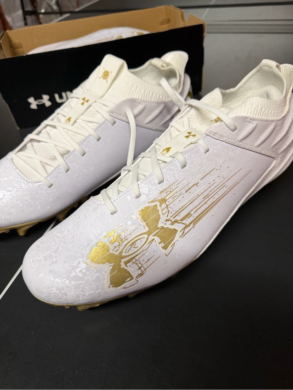 Under Armour White and Gold Men's Athletic Cleats Blur Smoke Suede 2.0 MC